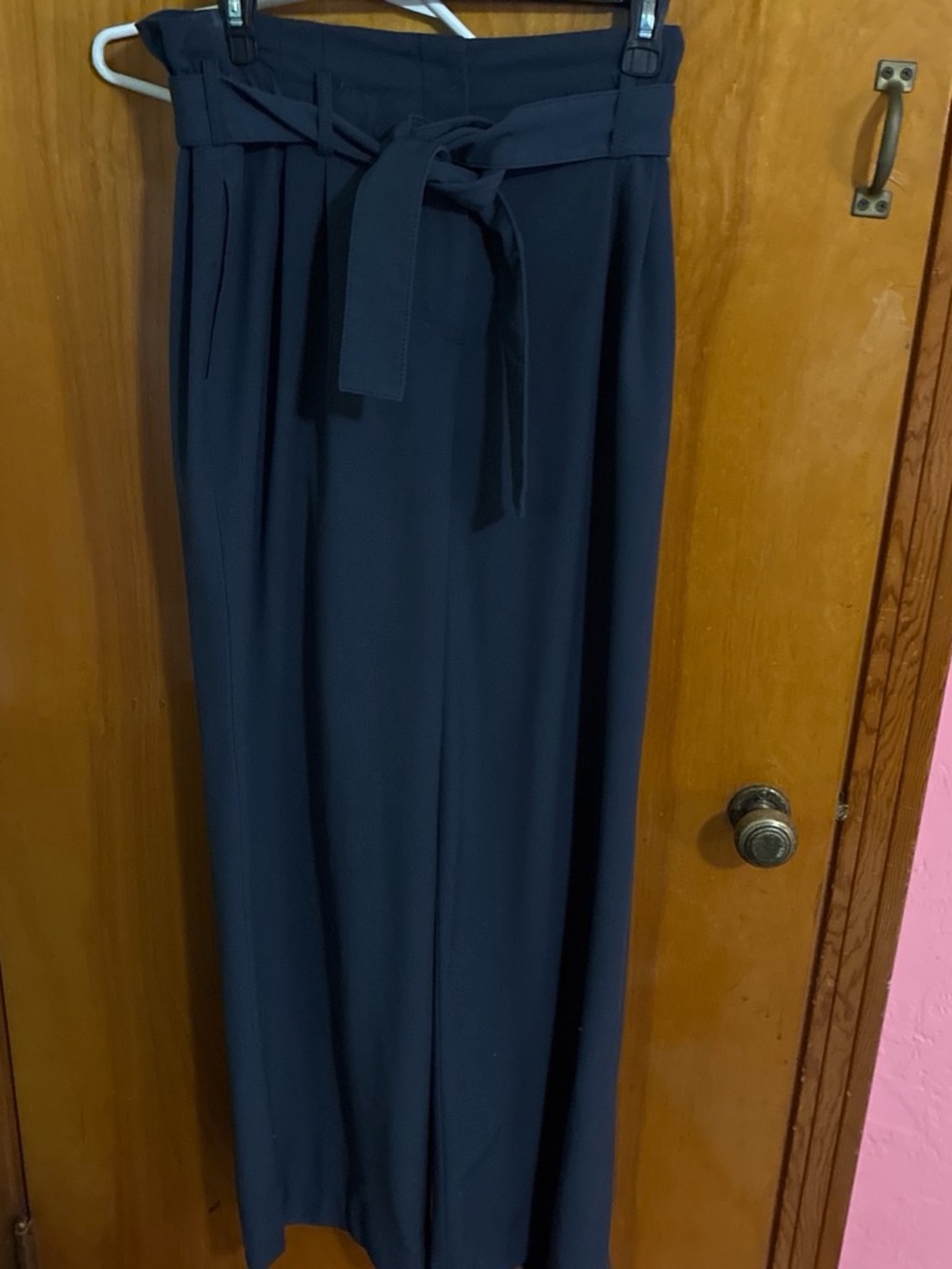 BCBGMaxAzria Navy Paperbag-Waist Wide Leg Pants with Tie